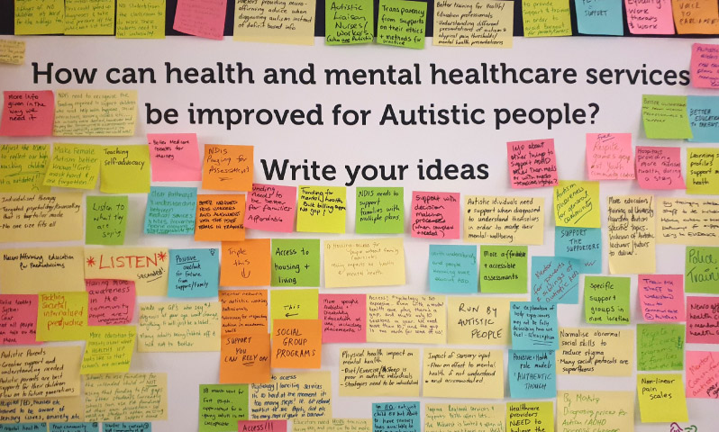 A board asking "How can health and mental healthcare services be improved for Autistic people? Write your ideas." surrounded by sticky notes full of ideas.